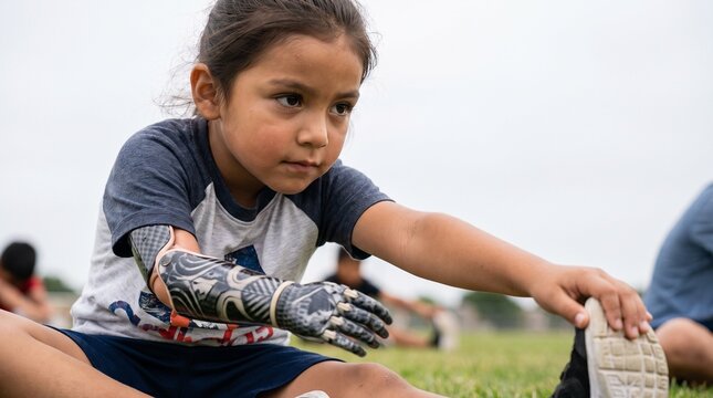 Young girl with prosthetic arm stretching on grass field during outdoor sports practice
