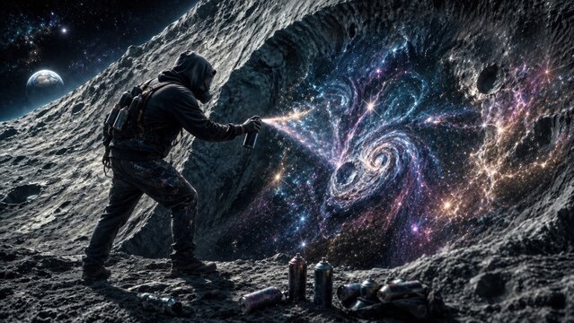 A hooded person sprays graffiti of a glowing galaxy and space art onto a rocky moon.