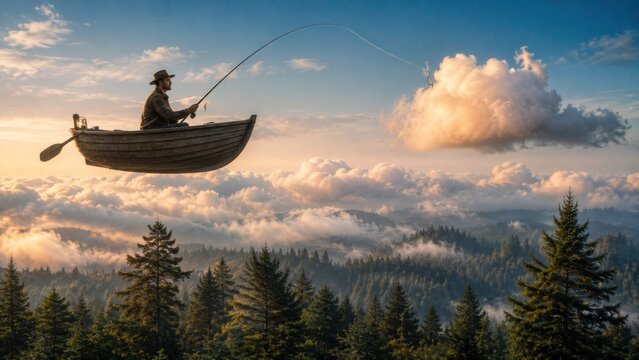 A man sitting in a boat fishing for a cloud floating above a green forest.