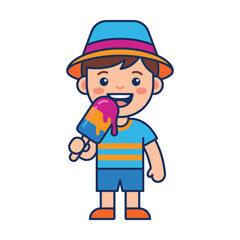 Cute little boy with hat eating colorful melting popsicle during sunny summer vacation day