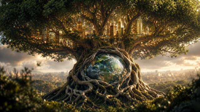 A large tree with roots wrapping around planet earth holding a glowing city and globe inside.