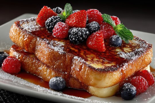 Delicious french toast with berries and maple syrup topped with mint