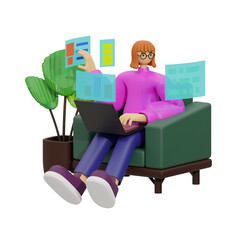 3D rendering of a woman working on a laptop sitting on an armchair