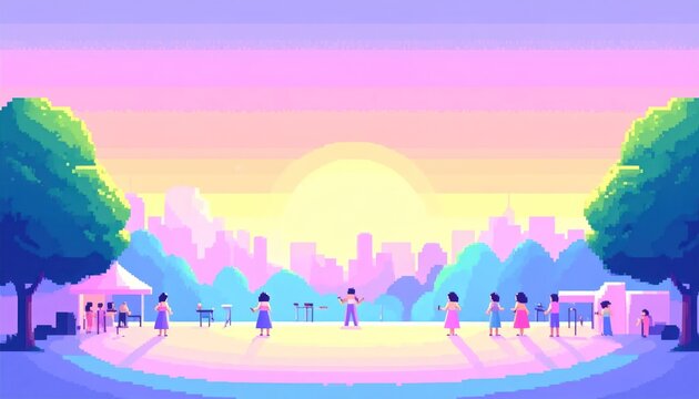 Pixel Art Scene of a Summer Music Festival in a City Park at Sunset