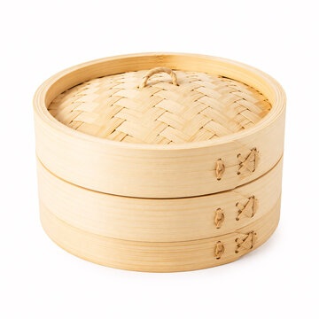 Traditional bamboo steamer with woven lid