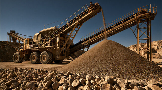 Elegent photo of Industrial rock crusher machine conveyor belt dumping gravel in an open pit quarry. Represents construction industry development and material supply chain concepts.