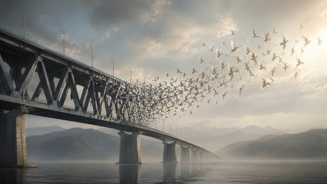 Birds flying from bridge over river with mountains in the background during daylight.