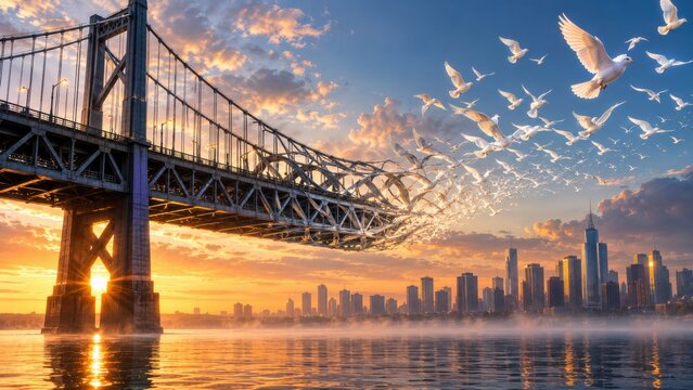 A large bridge transforms into flying white birds above a modern city at colorful sunset over water.