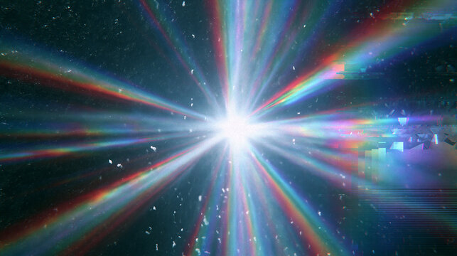 Radiant digital supernova with prism light rays and chromatic aberration for futuristic sci fi backgrounds.