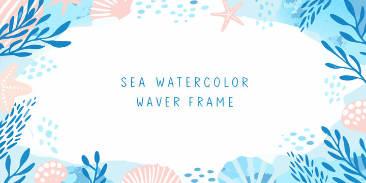 Sea watercolor waver frame illustration with coral starfish and aquatic plant elements on a white background marine ocean seaweed underwater vector shell coastal