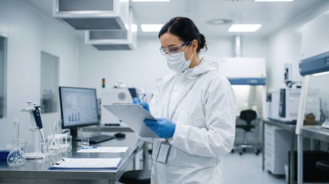 A female scientist works in a modern laboratory holding a clipboard wearing a protective suit while writing notes.