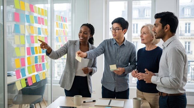 A diverse team gathers in an office for a meeting to discuss sticky notes on glass.