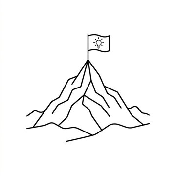 Mountain peak with flag on summit waving in wind. Isolated alpine top and victory symbol for adventure and success.