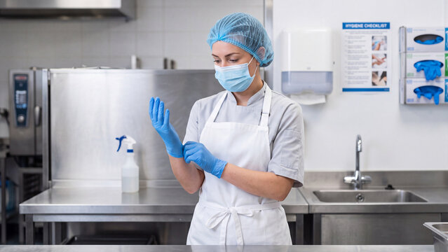 Female kitchen worker putting on protective gloves for hygiene in a commercial setting.