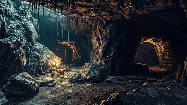 Gloomy subterranean cavern with crystalline rock formations and a glowing tunnel entrance in warm amber light