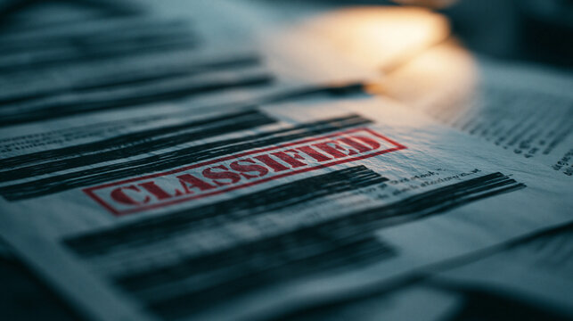 Redacted top secret files with classified stamp for government transparency and conspiracy concept.