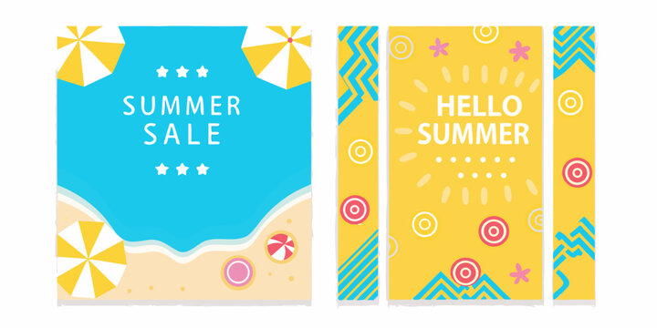 Three vibrant flat vector summer banners featuring beach and geometric patterns on a white background illustration design theme tropical vibe sale holiday graphics