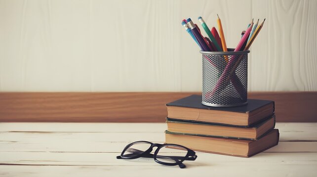 Stack of old books with a pencil holder and glasses on a desk