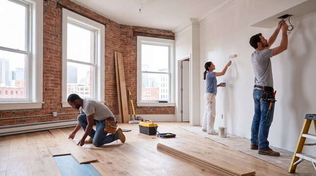 Apartment renovation project with workers painting walls and installing new wood flooring.