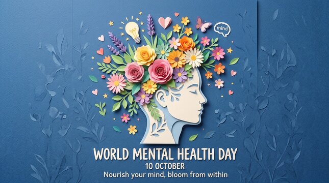 World Mental Health Day Concept with Flowers and Human Profile