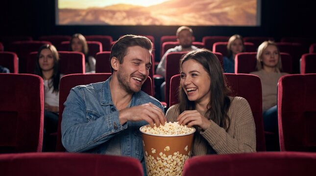 A young couple in a cinema eating popcorn and laughing while watching a movie together.