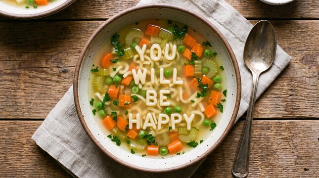 A bowl of vegetable soup features alphabet pasta spelling an encouraging message on a wooden table.
