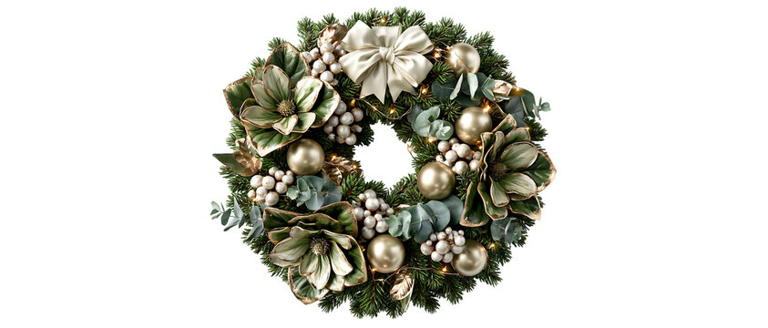 Elegant Christmas Wreath with Gold Baubles, Ribbon Bow, Magnolia Flowers, White Berries, and Eucalyptus Leaves Isolated on Transparent Background