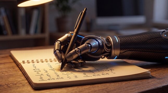 A robot hand writing formulas in a notebook studying mathematics at a wooden desk at night.