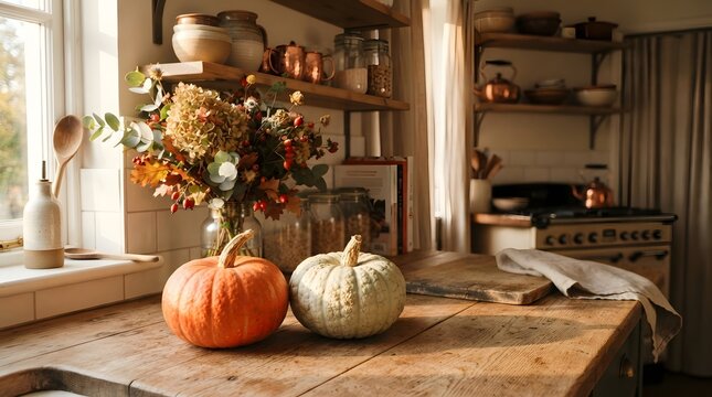 Two pumpkins on a rustic wooden kitchen counter with a floral arrangement and cozy home decor