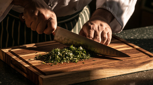 Elegent photo of A professional chef chops fresh green herbs on a rustic wooden cutting board with dramatic lighting. Perfect for gourmet cooking and culinary preparation concepts.