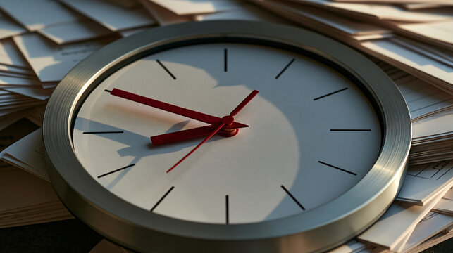 Elegent photo of A modern analog clock sits on top of a messy pile of white paper documents. It illustrates a deadline management or business productivity concept.
