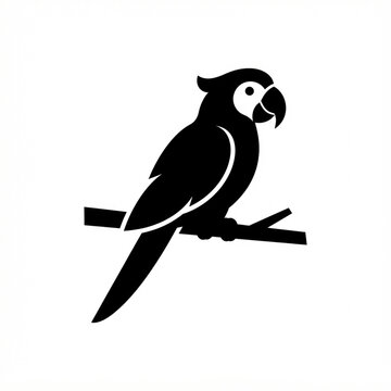 Black and white parrot perched on branch. Minimalist vector cockatoo icon for design and branding.