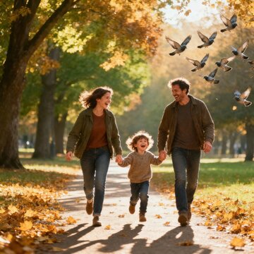 Family walking together in autumn park with flying birds and fallen leaves around.
