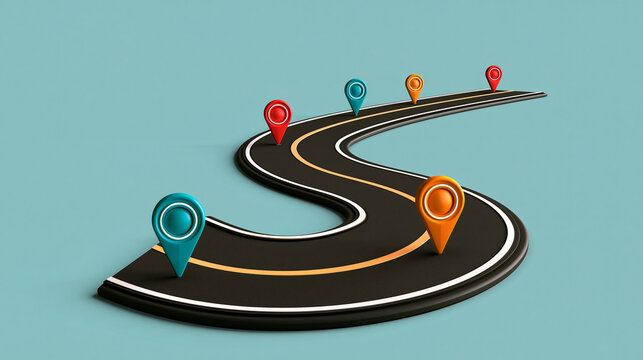 Elegent photo of A winding road with colorful location markers on a solid blue background. Represents a journey, path planning, and business navigation concept.