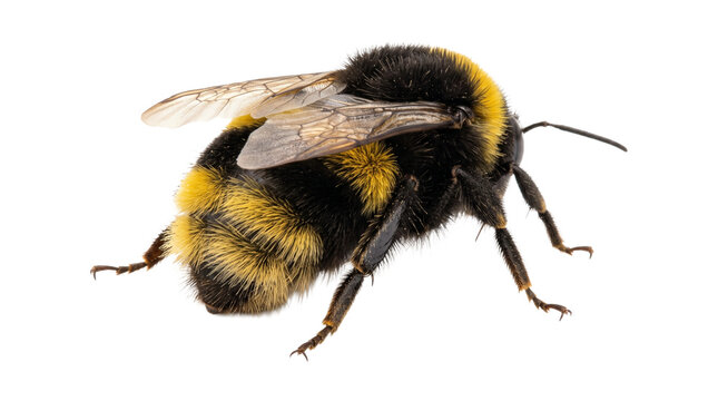 Fuzzy bumblebee from above, showing striped abdomen and translucent wings, insect detail.