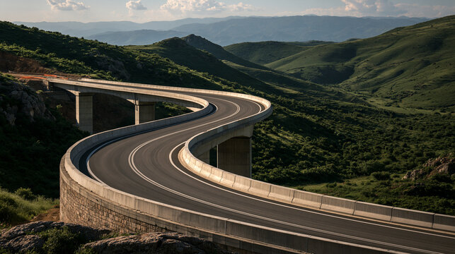 Elegent photo of A winding mountain highway bridge cuts through a lush green valley at sunset. This image represents modern infrastructure, travel, and scenic adventure.
