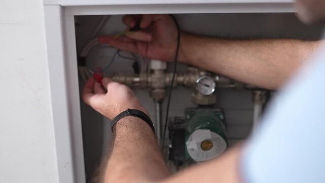 Electrician testing voltage on wires with a multimeter