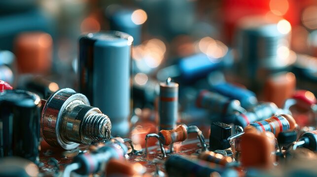 Electronic Components capacitor resistor connector system optimization sustainable engineering close up engineering desk whimsical Blend mode technical workspace.