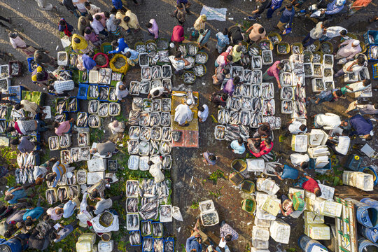 Aerial view of a bustling fish market in Chattogram with numerous people sorting and trading fresh catch from crates and containers, Chattogram, Chittagong Division, Bangladesh.