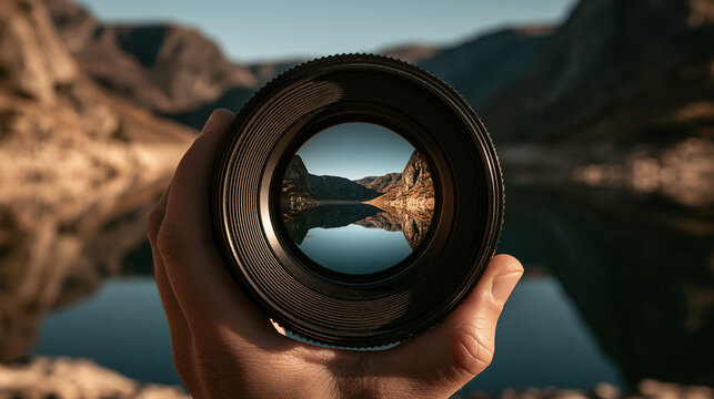 Elegent photo of A photographer holds a camera lens to frame a scenic mountain lake landscape. This represents vision, focus, and travel photography perspectives.