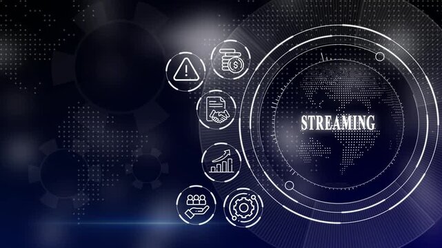 Modern digital icons with globe and business symbols on tech background