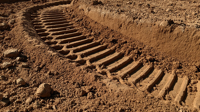 Elegent photo of Deep excavator tracks imprinted in the earth at a construction site. This image represents heavy industrial work and site development.