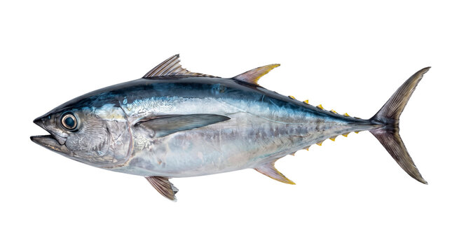 Whole Yellowfin Tuna Fish Side View Isolated as a Transparent PNG Cutout