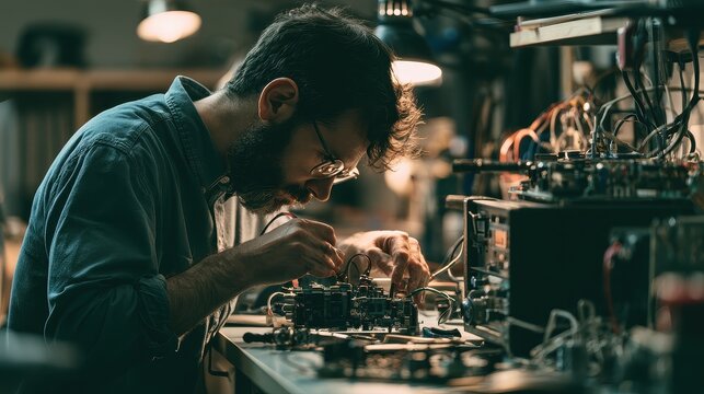 Electronics Repair technician craftsmanship fault detection equipment restoration close up maintenance workshop dynamic Fusion professional electronics repair station.