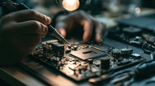 Electronics Repair technician craftsmanship fault detection equipment restoration close up maintenance workshop dynamic Fusion professional electronics repair station.