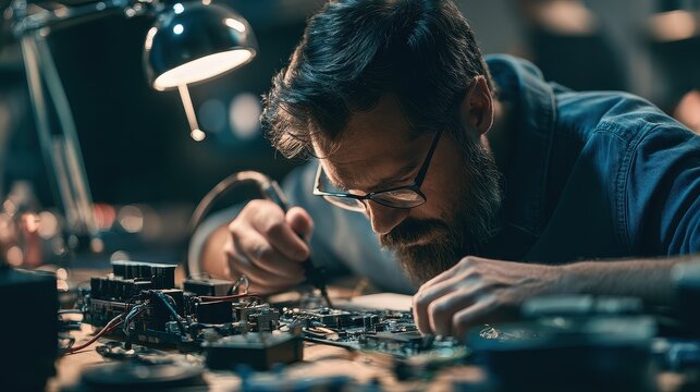 Electronics Repair technician craftsmanship fault detection equipment restoration close up maintenance workshop dynamic Fusion professional electronics repair station.
