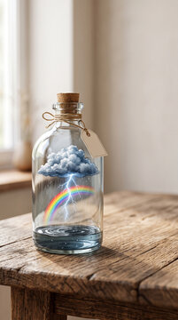 A transparent glass bottle containing a tiny storm cloud with rain, lightning and a miniature rainbow inside 