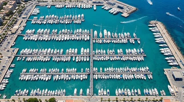 Extensive yacht marina harbor with numerous boats docked in blue water