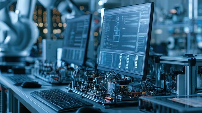 Embedded System firmware control automation intelligent devices industrial evolution selective focus robotics laboratory futuristic Composite embedded development bench. 