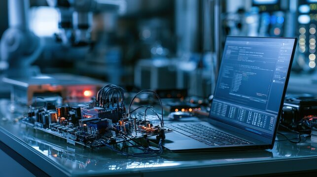 Embedded System firmware control automation intelligent devices industrial evolution selective focus robotics laboratory futuristic Composite embedded development bench. 